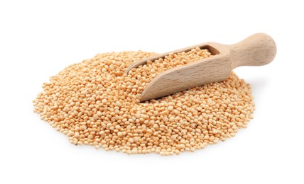 Photo of Wooden scoop with raw quinoa isolated on white