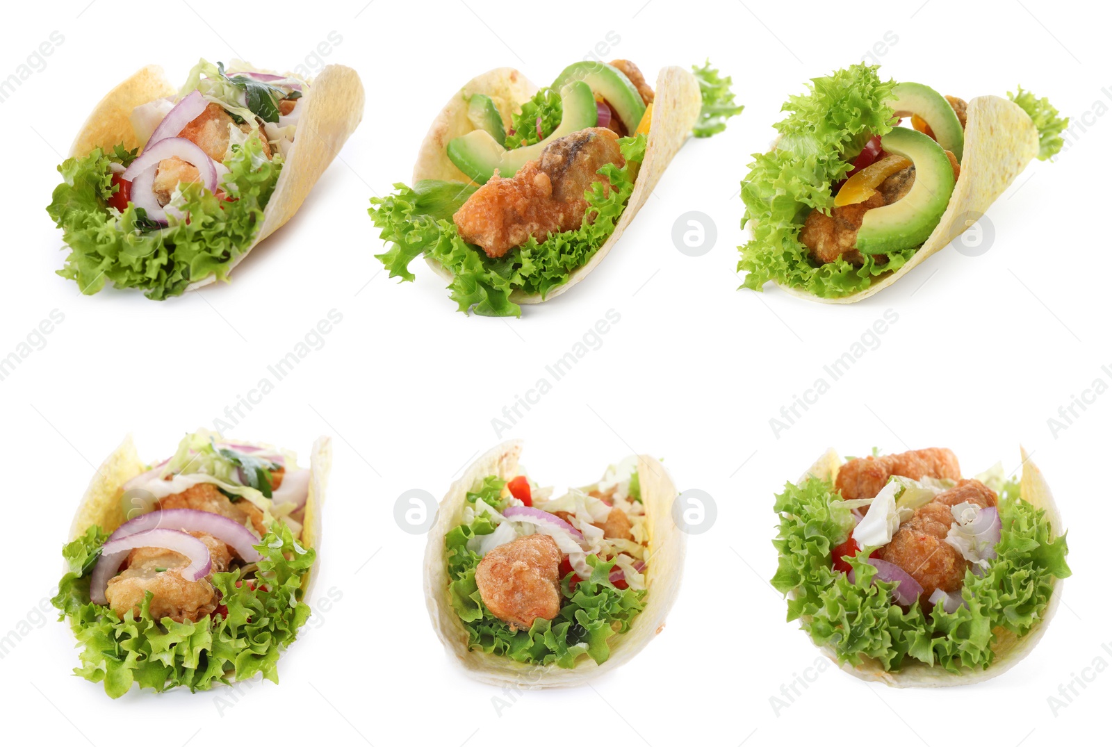 Image of Set of delicious fresh fish tacos on white background