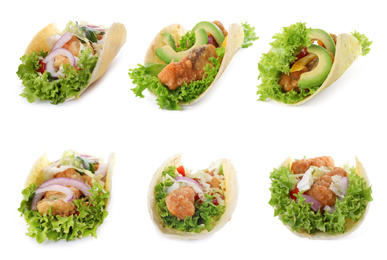 Image of Set of delicious fresh fish tacos on white background