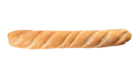 Photo of Tasty baguette isolated on white, top view. Fresh bread