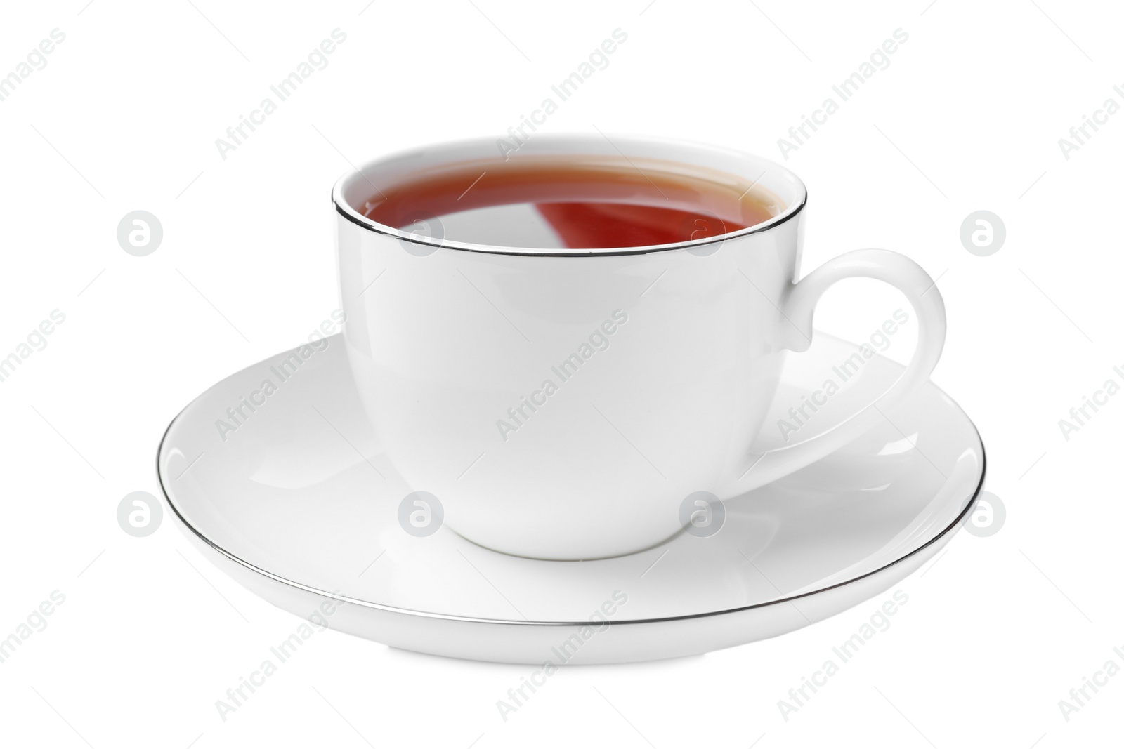 Photo of Ceramic cup of aromatic rooibos tea isolated on white