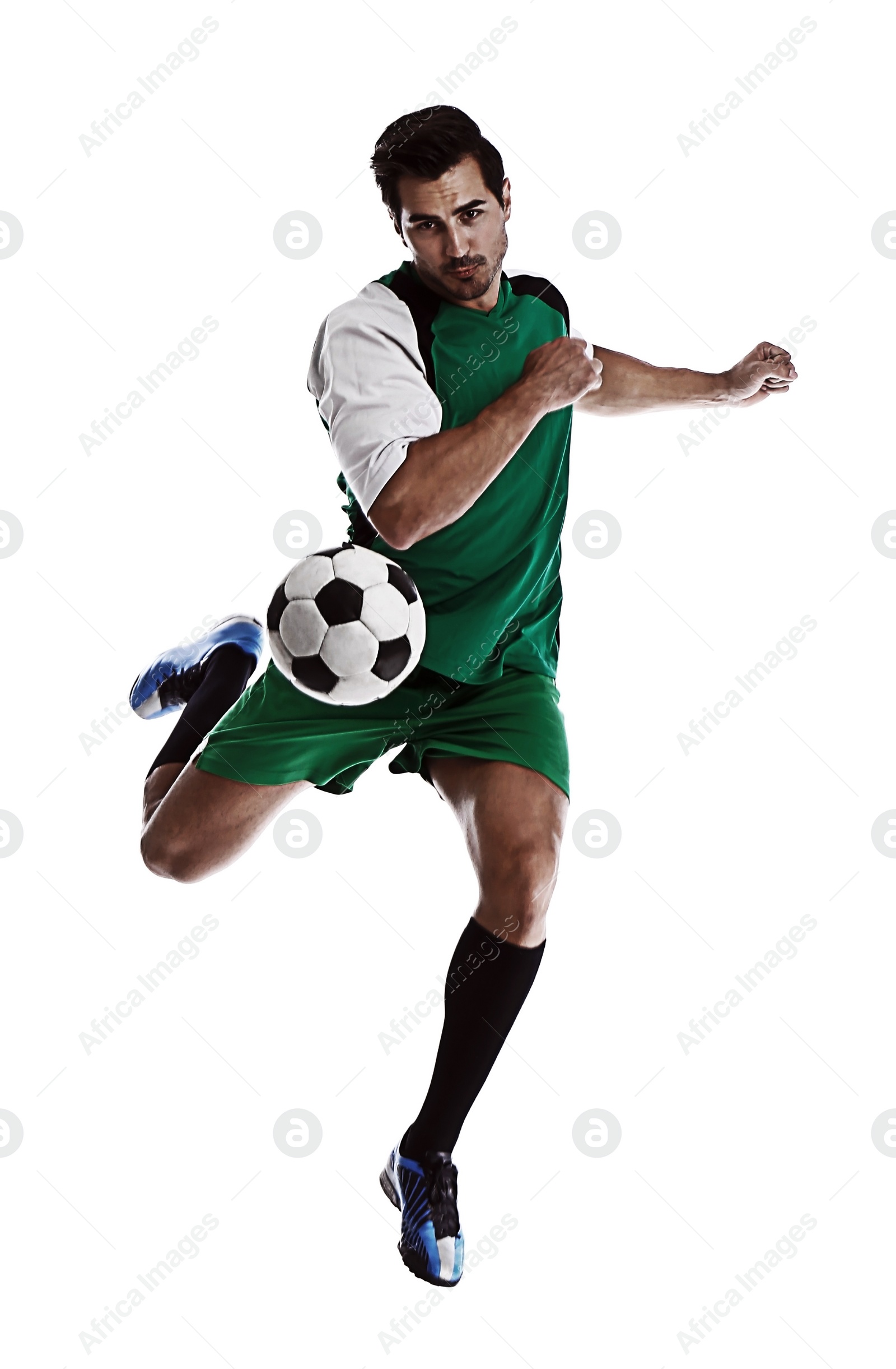 Image of Young man playing football on white background