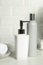 Bath accessories. Personal care products on white table