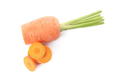 Photo of Sliced fresh ripe carrot isolated on white, top view