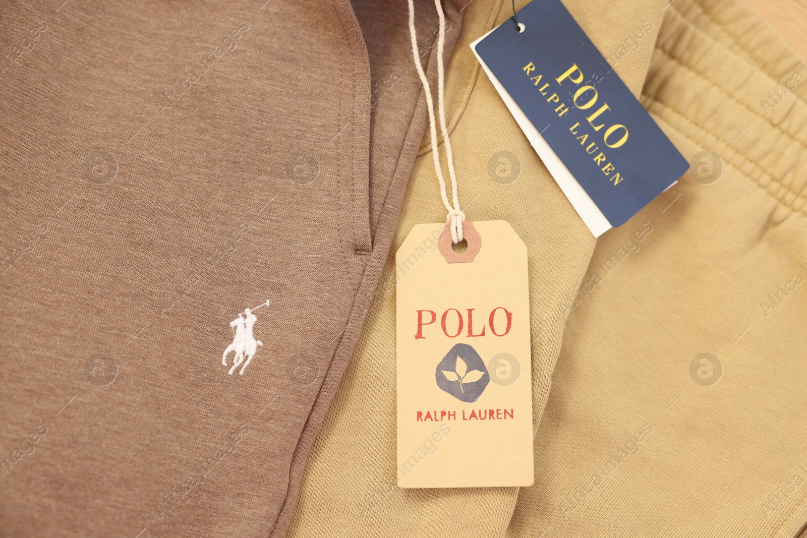 Photo of Leiden, Netherlands - December 6, 2023: Polo Ralph Lauren clothing tags on pants, top view