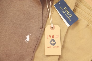 Leiden, Netherlands - December 6, 2023: Polo Ralph Lauren clothing tags on pants, top view