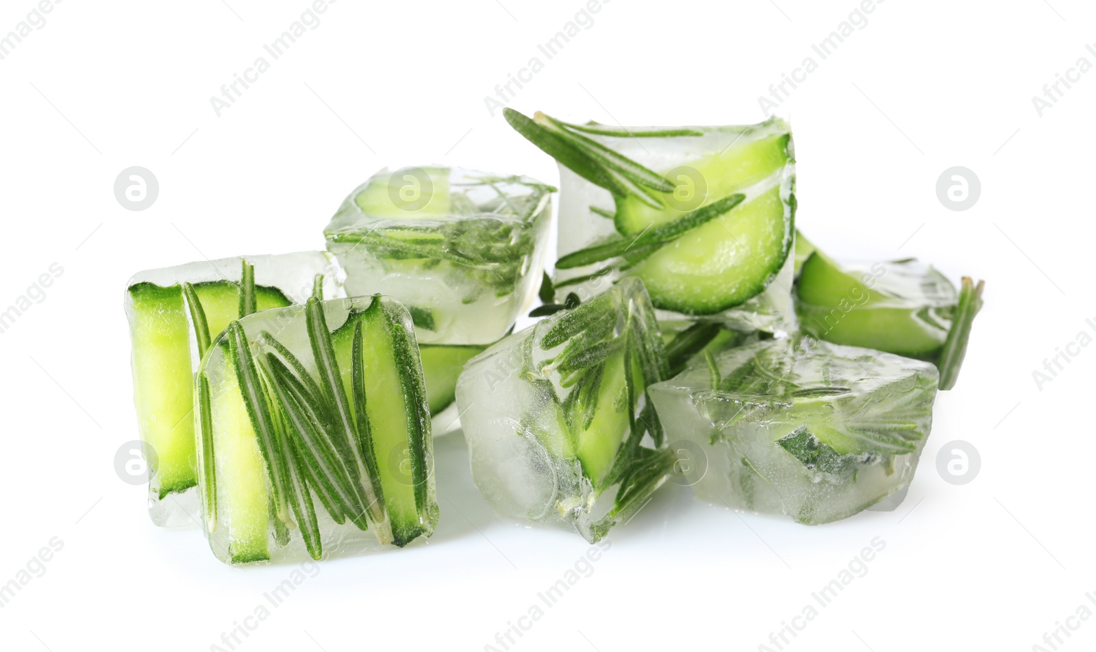 Photo of Ice cubes with cucumber slices and rosemary on white background