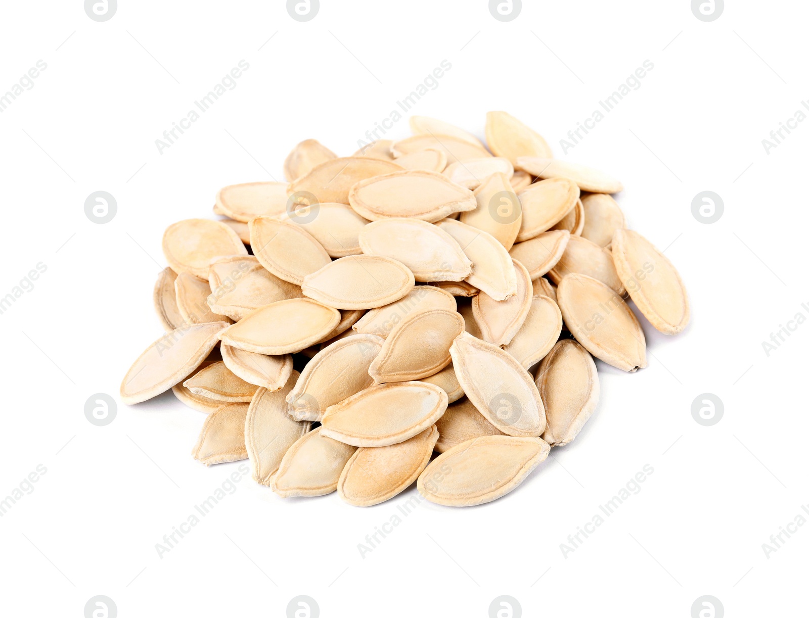 Photo of Pile of raw pumpkin seeds on white background