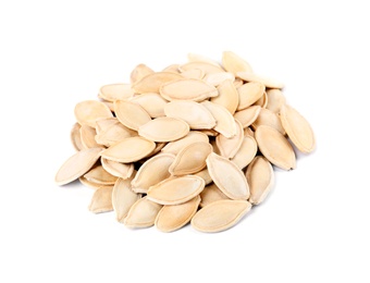 Photo of Pile of raw pumpkin seeds on white background