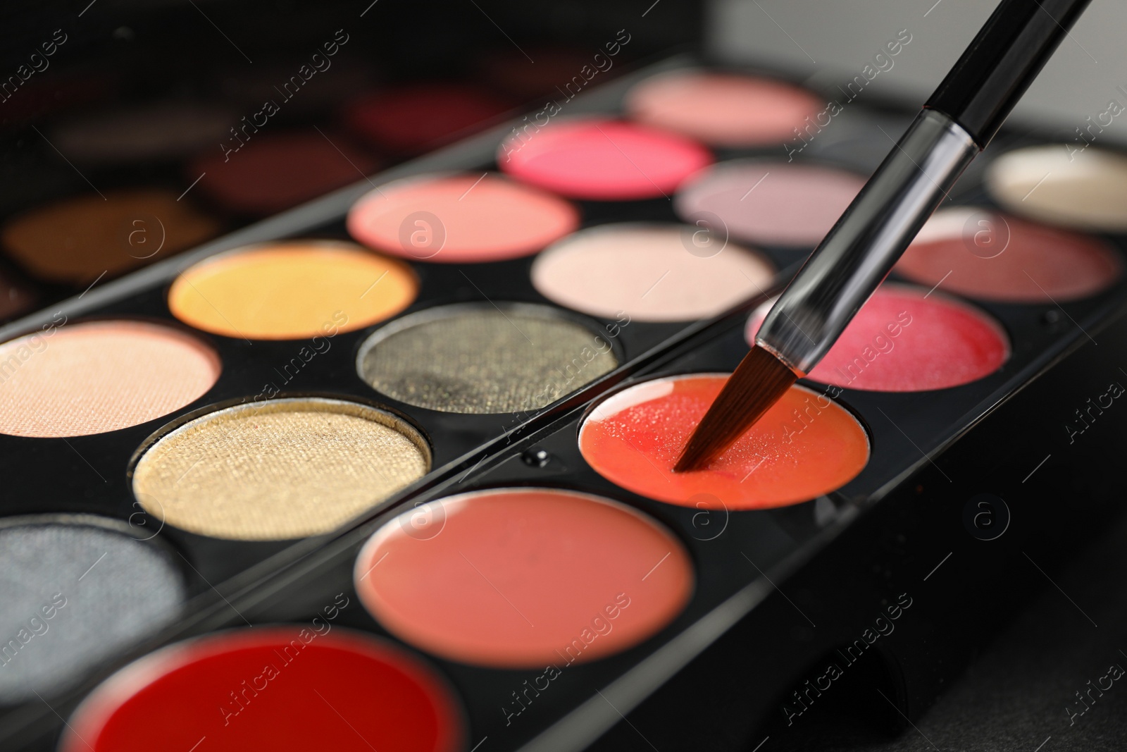 Photo of Colorful lip palette with brush, closeup view