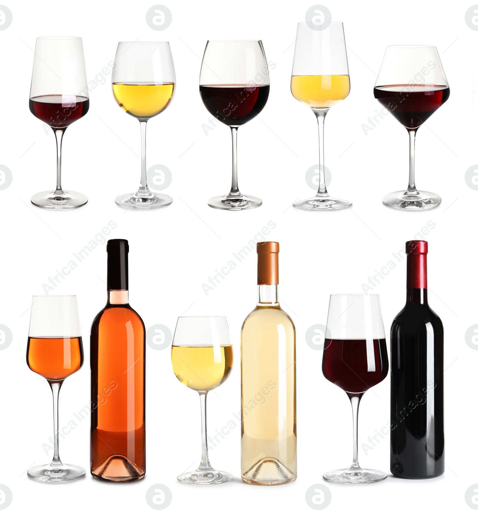 Image of Set with bottles and glasses of different delicious expensive wines on white background