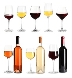 Set with bottles and glasses of different delicious expensive wines on white background