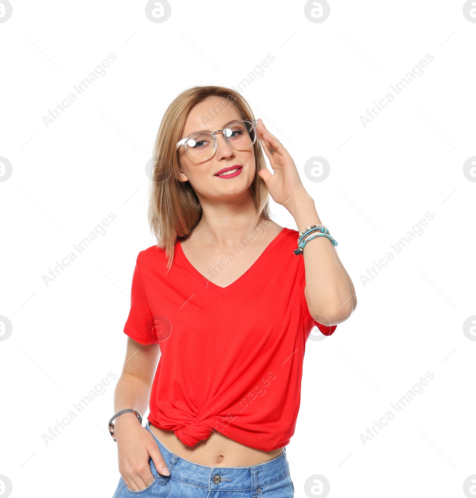 Photo of Attractive young woman in stylish outfit on white background