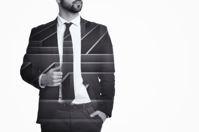 Image of Double exposure of young businessman and maze on white background, closeup