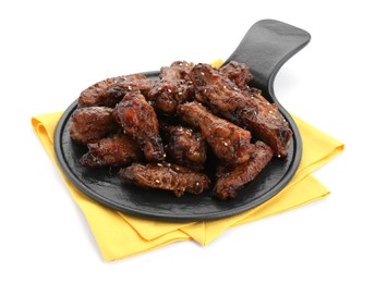 Photo of Tray with tasty roasted chicken wings isolated on white