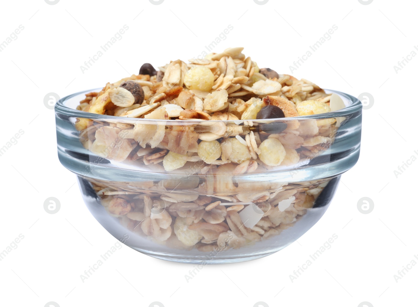 Photo of Granola in bowl on white background. Healthy snack