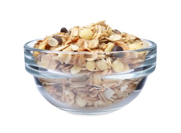 Photo of Granola in bowl on white background. Healthy snack