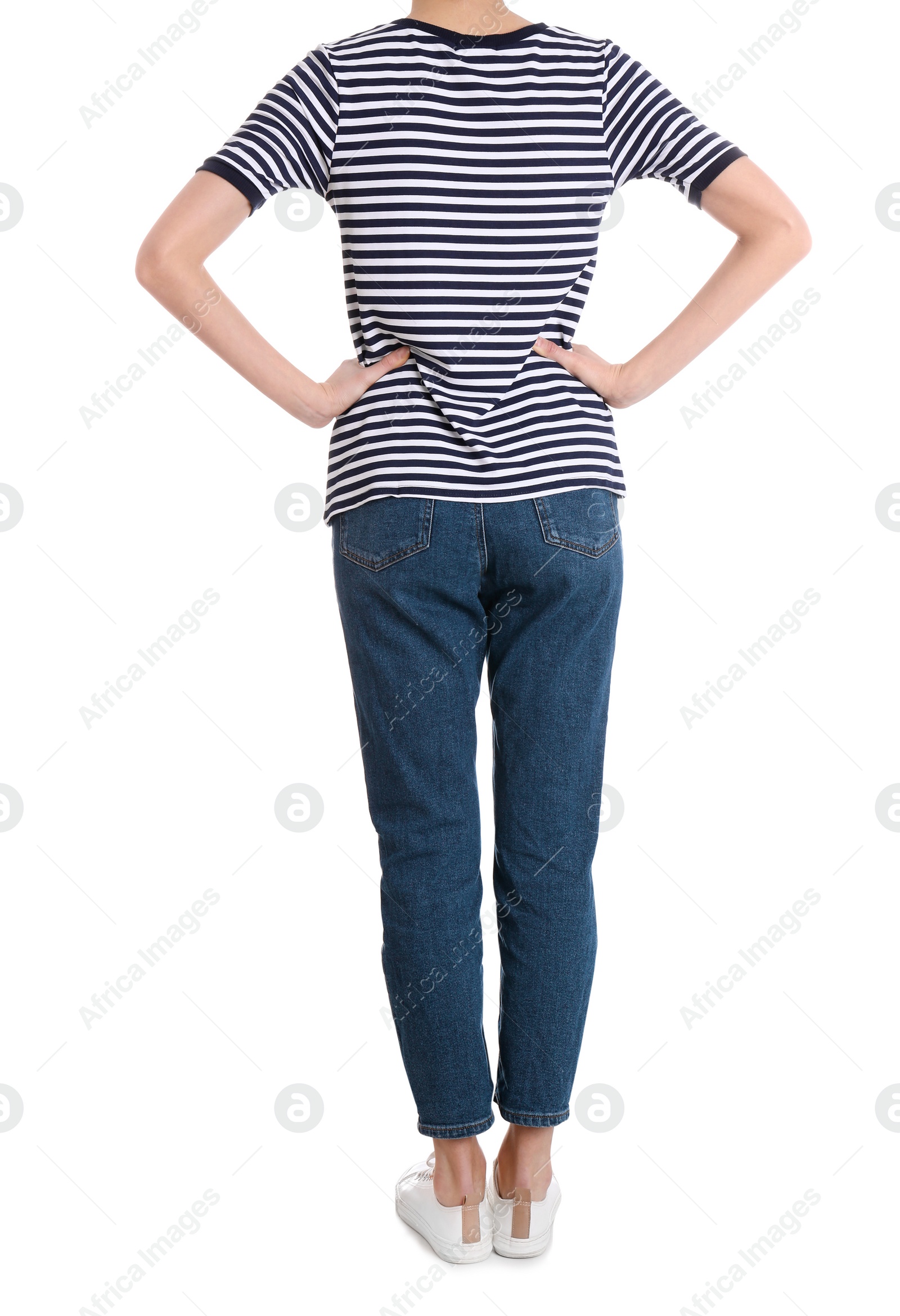 Photo of Young slim woman on white background, closeup. Weight loss