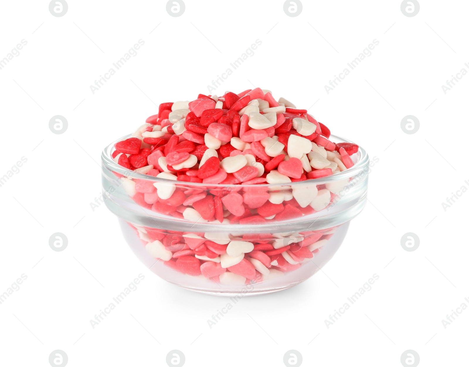 Photo of Bright heart shaped sprinkles in glass bowl isolated on white