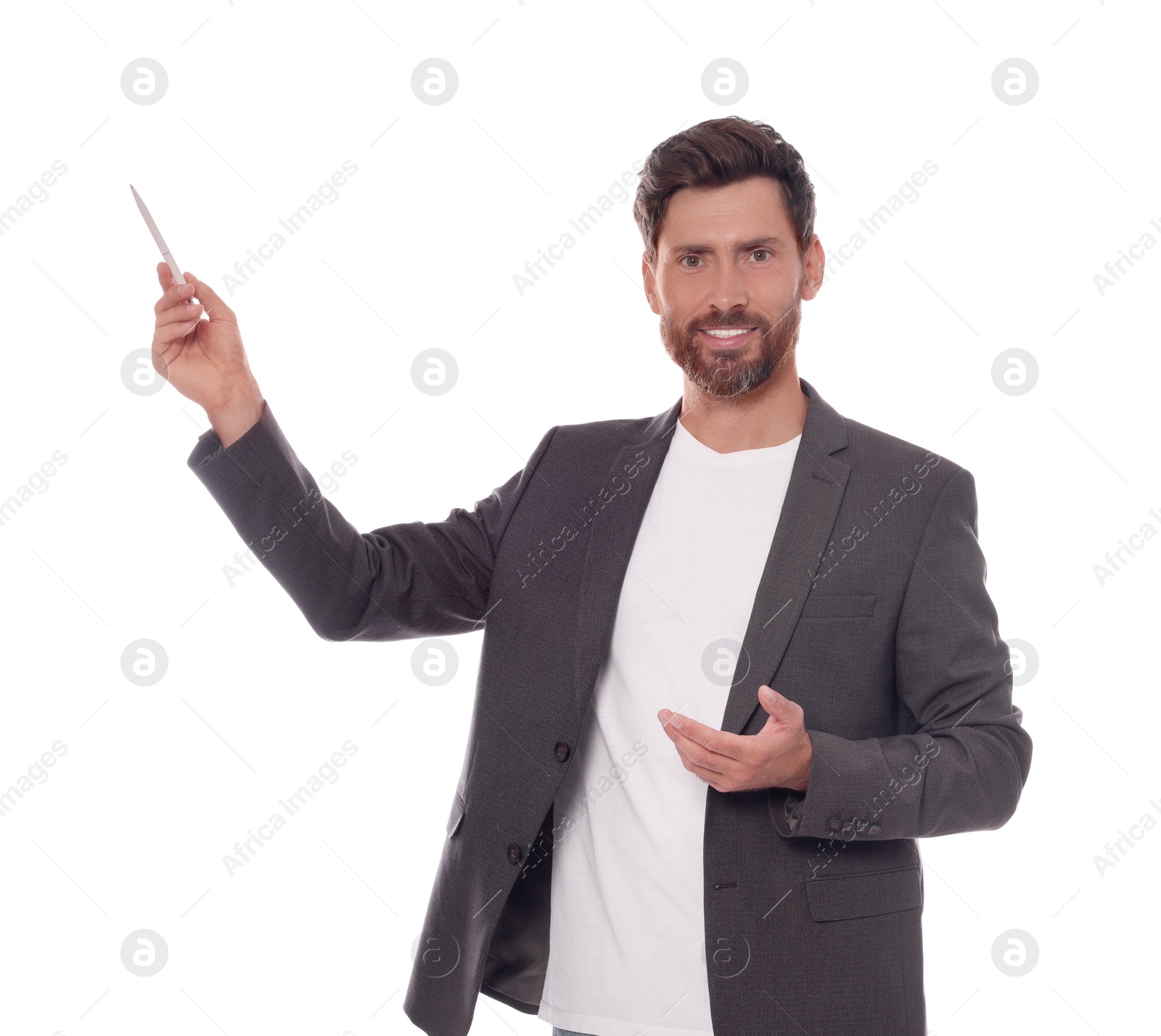 Photo of Handsome man gesturing on white background. Weather forecast reporter