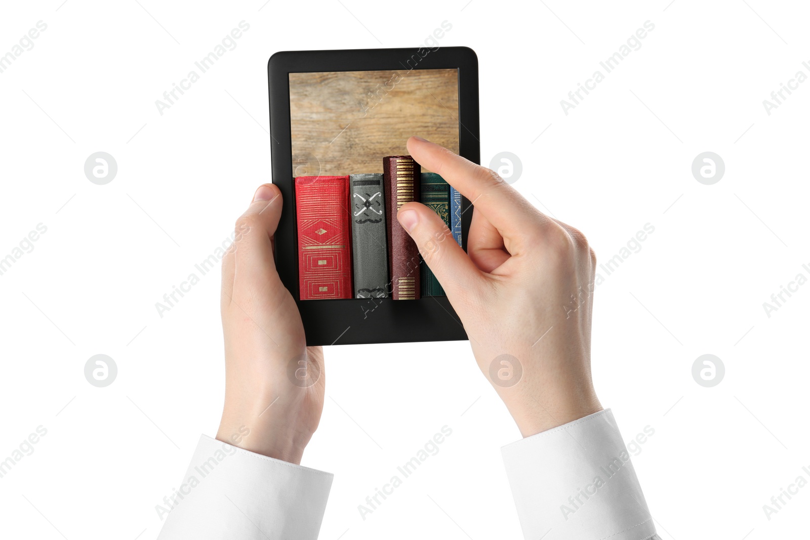 Image of Woman using e-book reader on white background, closeup