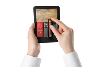 Woman using e-book reader on white background, closeup