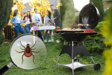 Image of Seasonal hazard of outdoor recreation. Happy friends having barbeque party outdoors. Illustration of magnifying glass with tick, selective focus