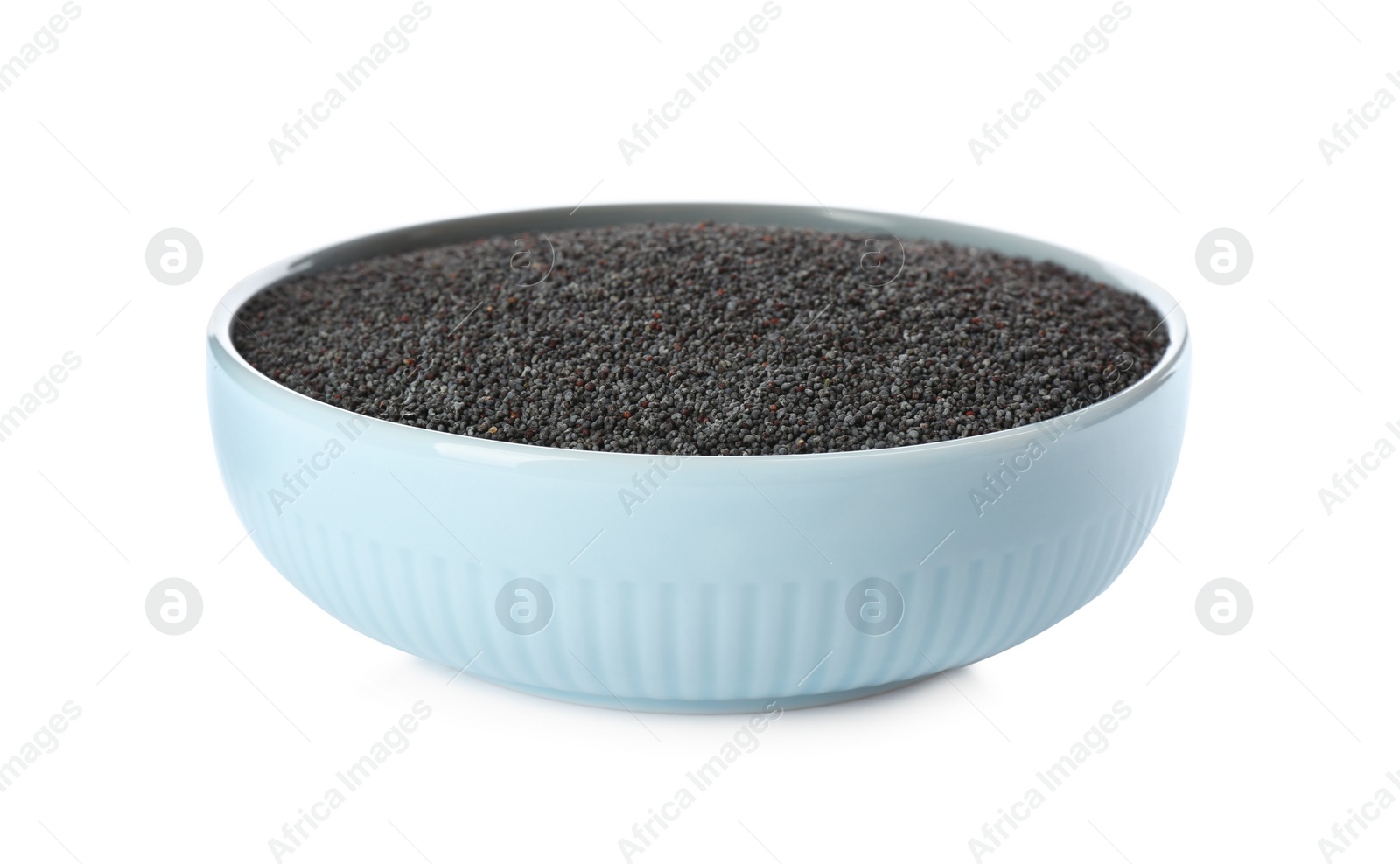 Photo of Poppy seeds in bowl isolated on white