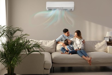 Image of Happy family resting under air conditioner on beige wall at home