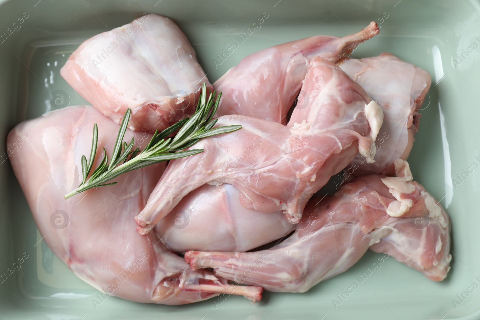 Photo of Raw rabbit meat and rosemary in baking dish, top view