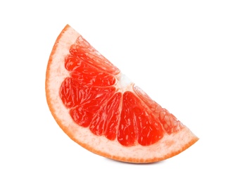 Photo of Slice of ripe juicy grapefruit on white background