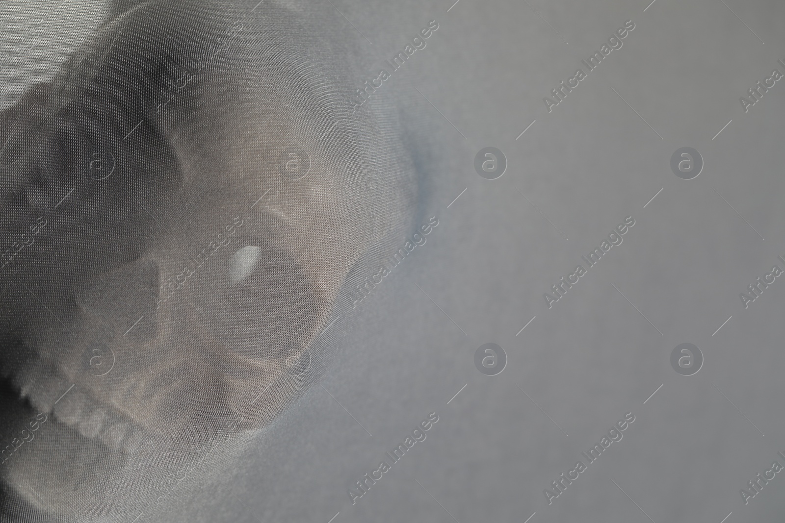 Photo of Silhouette of creepy ghost with skull behind cloth, space for text