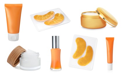 Image of Set with different cosmetic products on white background