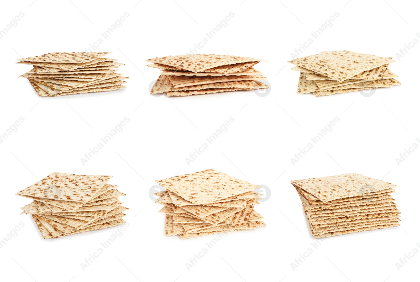 Image of Set with Passover matzos on white background. Pesach celebration