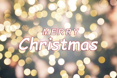 Image of Greeting card with phrase Merry Christmas on background with golden blurred lights