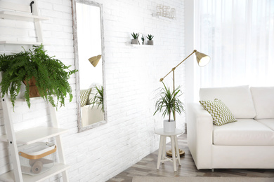 Stylish room interior with green home plants