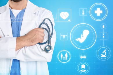 Doctor with stethoscope and different virtual icons on blue background. Reproductive medicine concept