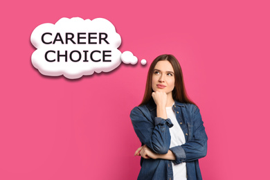 Image of Woman thinking about career choice on pink background