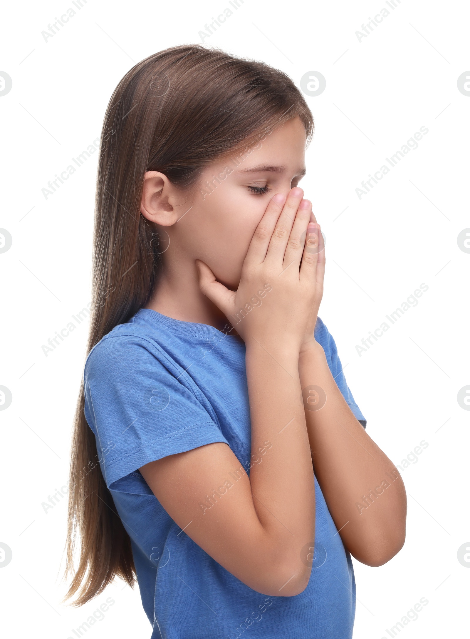 Photo of Sick girl coughing on white background. Cold symptoms