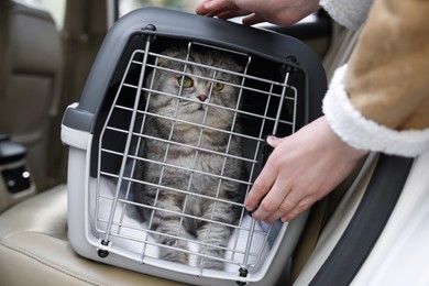 Photo of Woman putting carrier with cute Scottish fold cat into car, closeup