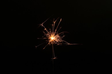 Photo of Burning sparkler stick on black background, space for text