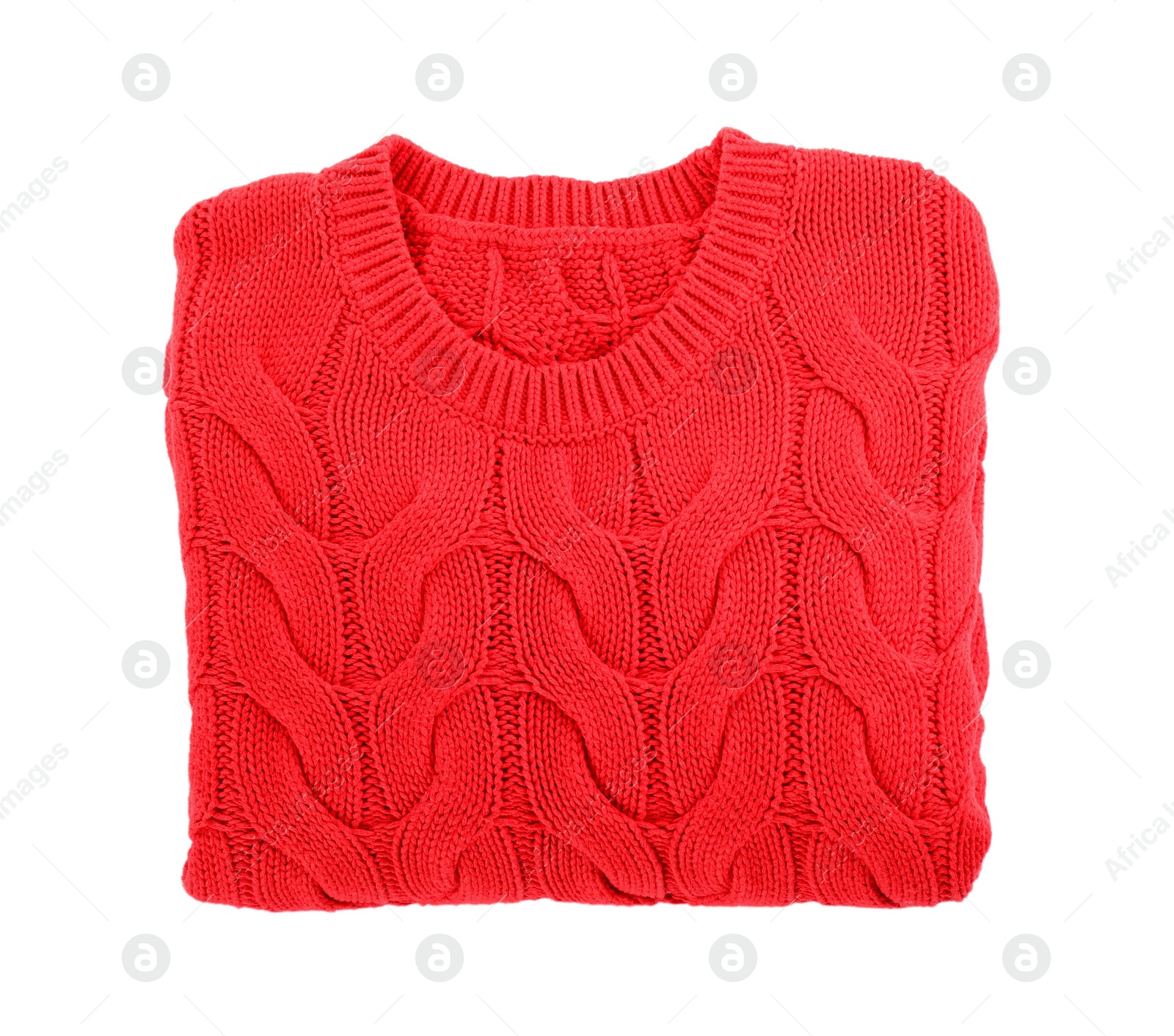 Photo of Red folded warm sweater isolated on white, top view
