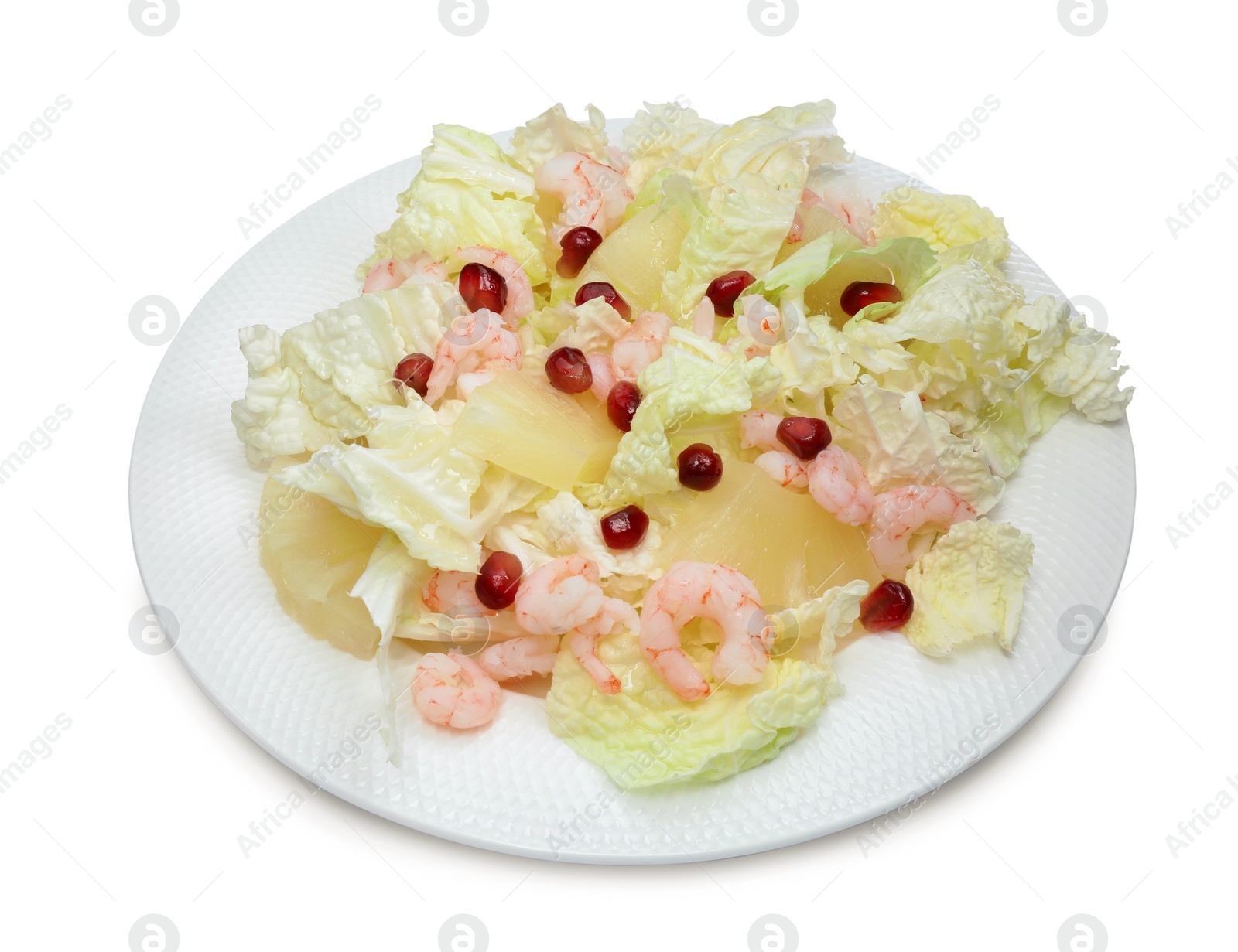 Photo of Delicious salad with Chinese cabbage, shrimps and pineapple isolated on white