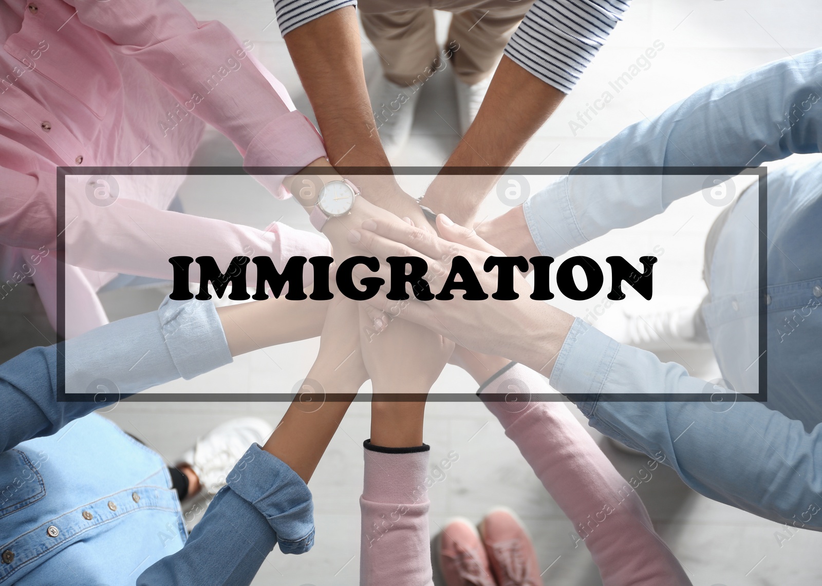 Image of Immigration concept. People holding hands together, top view