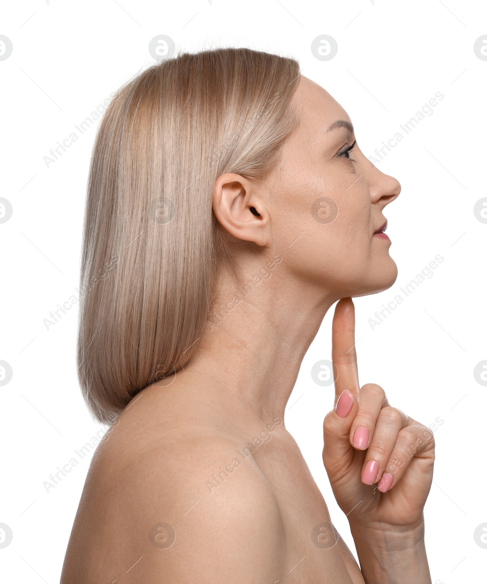 Photo of Beautiful woman touching her neck on white background