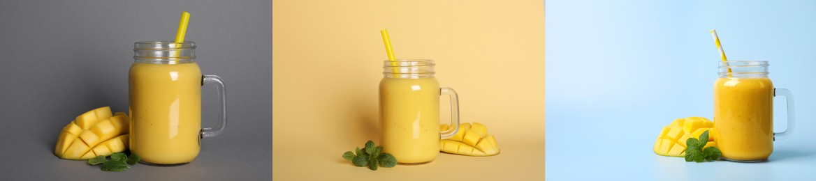 Image of Collage with mango smoothie on different color backgrounds. Banner design