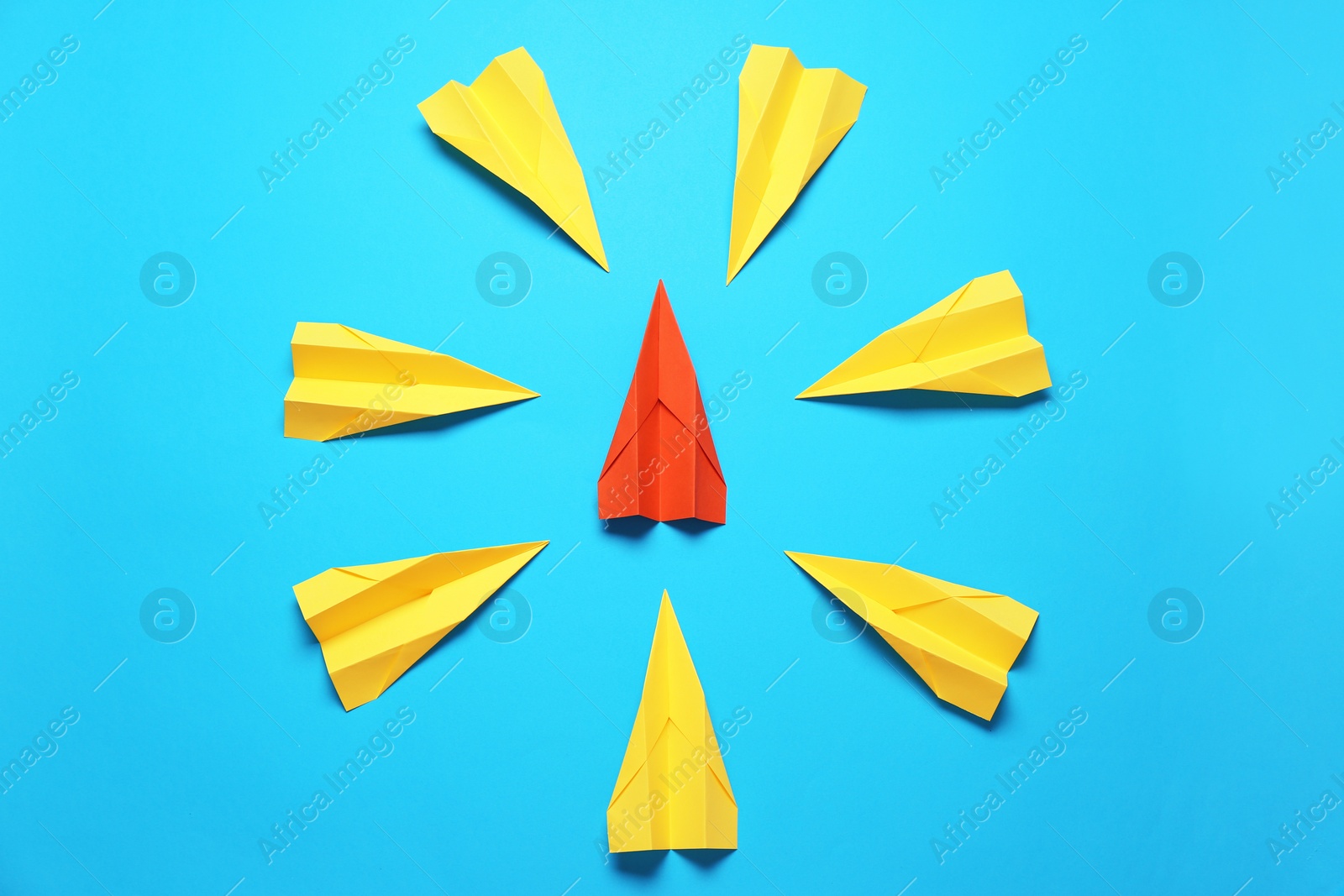 Photo of Flat lay composition with different paper planes on light blue background