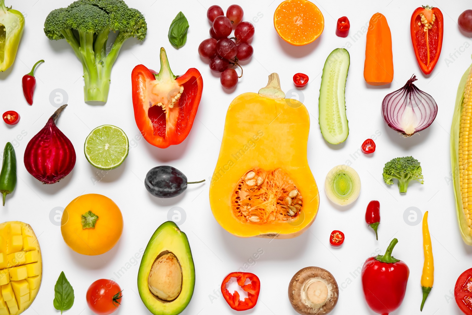 Photo of Composition with fresh organic fruits and vegetables on white background, top view