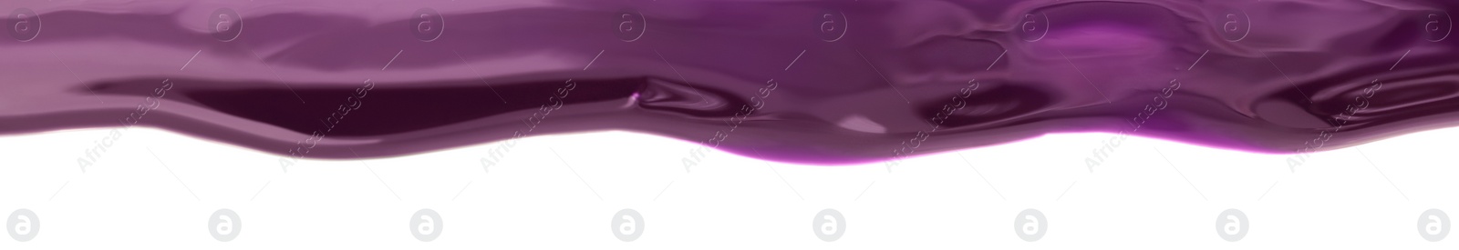 Photo of Dark purple nail polish flowing on white background