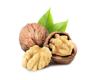 Image of Tasty walnuts and green leaves on white background